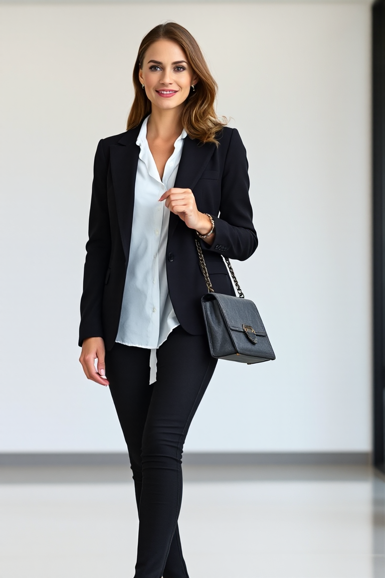 A woman in a black blazer over a white blouse and black skinny jeans, wearing heels and carrying a structured