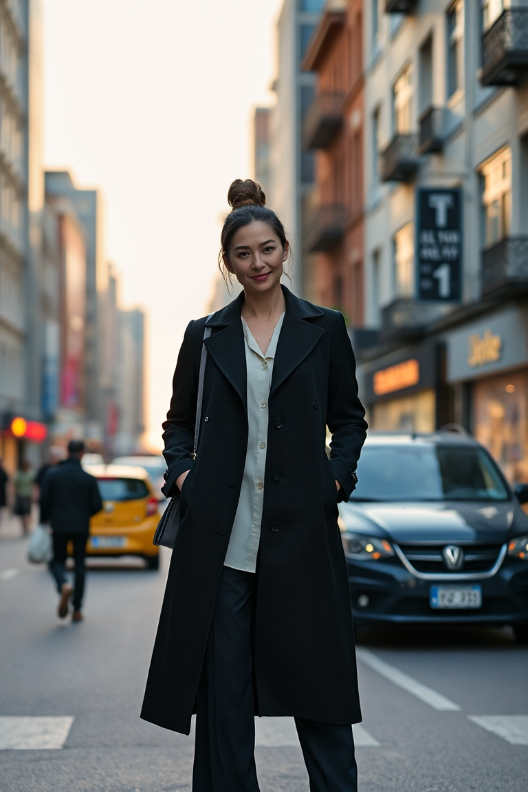 A woman standing confidently on a bustling city street at sunset, wearing a classic black longline coat over a