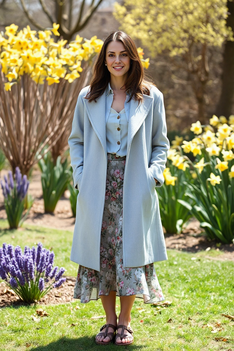 A woman in a light grey lightweight coat over a floral midi skirt and a pastel blouse, standing in a sunlit ga
