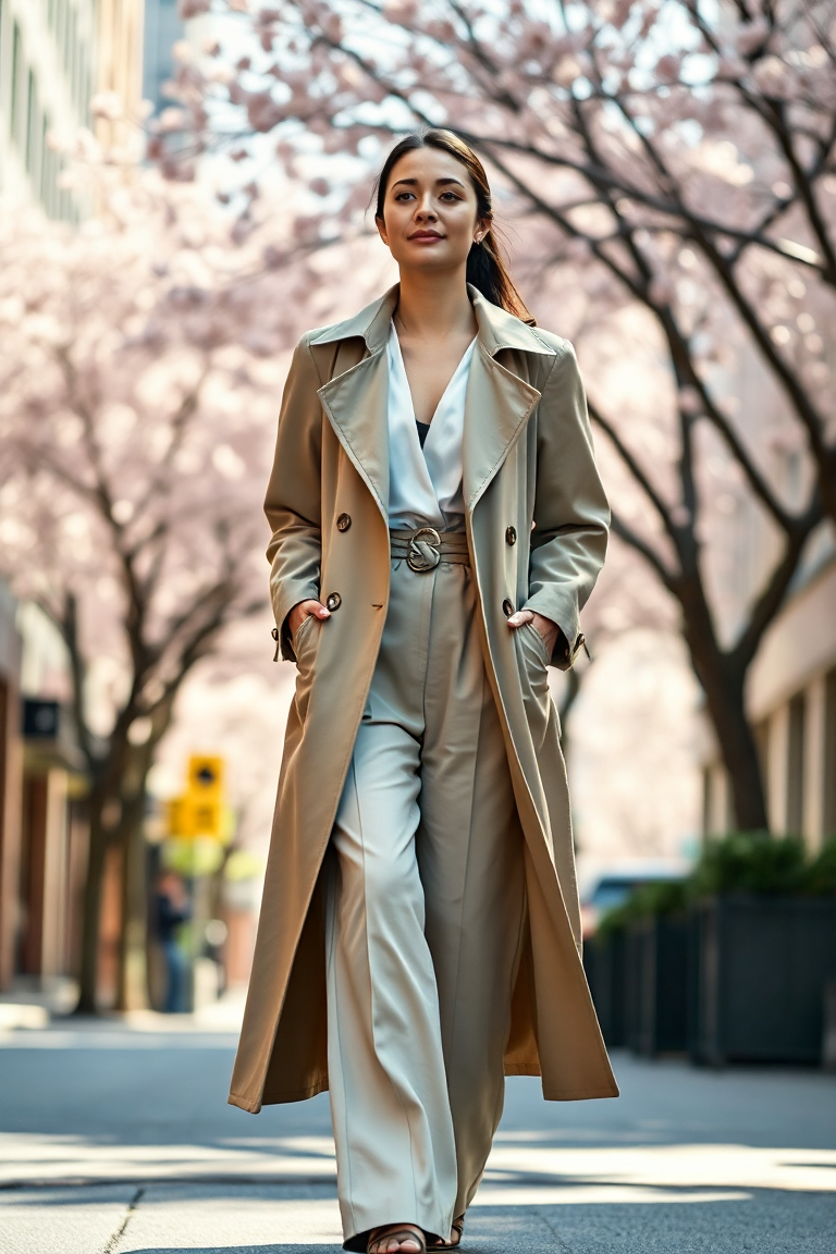 A woman in a mid-length beige trench coat over a white silk blouse and high-waisted wide-leg trousers, walking