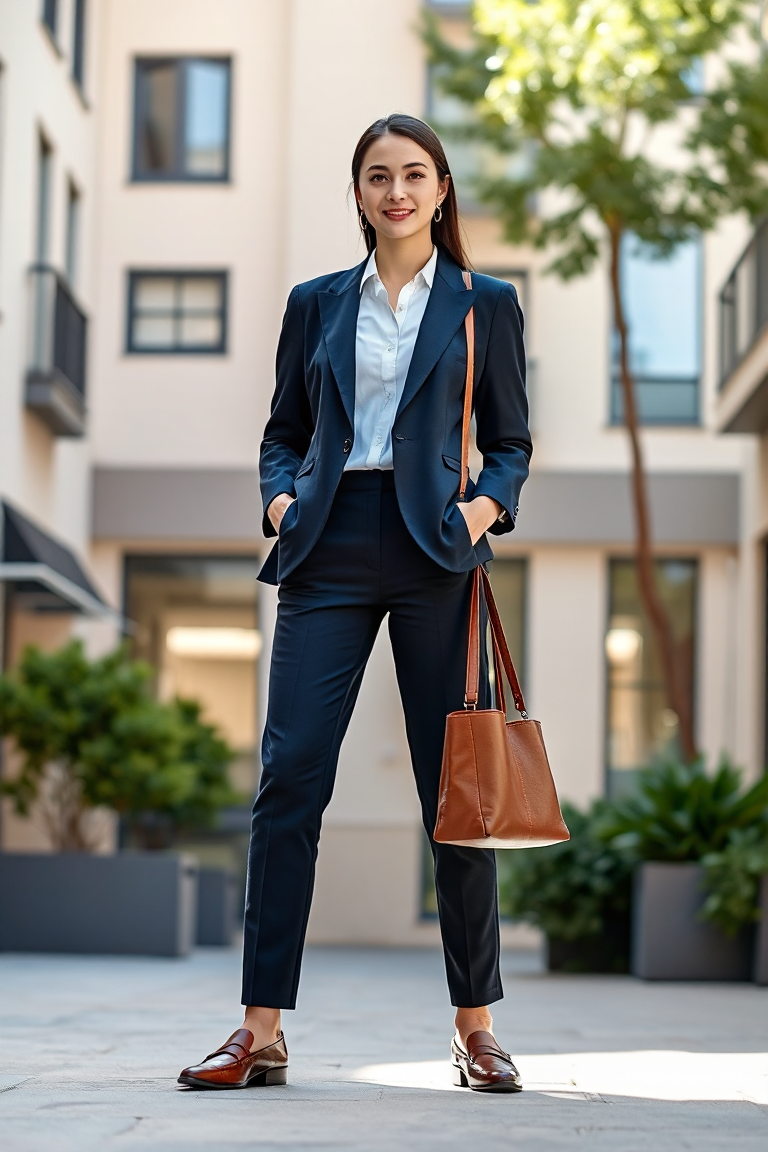 A woman in a navy tailored blazer, white button-down, and straight-leg trousers stands in a sunlit urban court