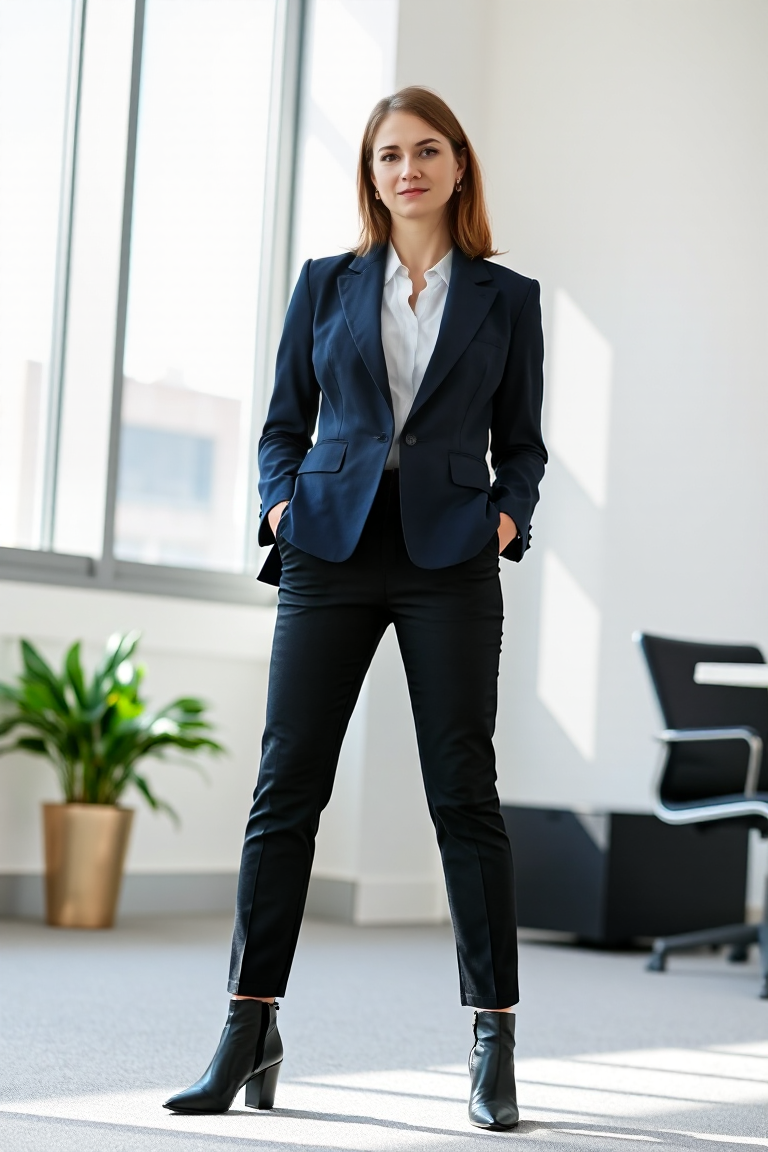 A professional woman wearing a tailored navy blue blazer over a crisp white blouse, paired with black trousers