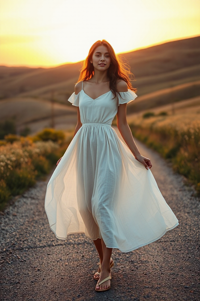 A woman in a simple, elegant A-line dress made of fine linen, standing in the soft glow of a sunset on a count