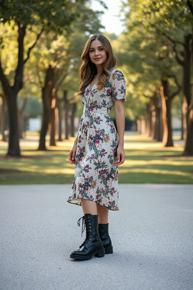 A woman in a floral midi dress and combat boots, standing in a sunlit park with a soft, romantic vibe