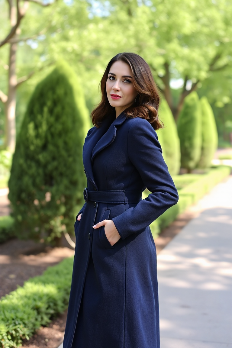 A woman in a navy blue dressy coat, posing elegantly in a garden during the day, with natural sunlight filteri