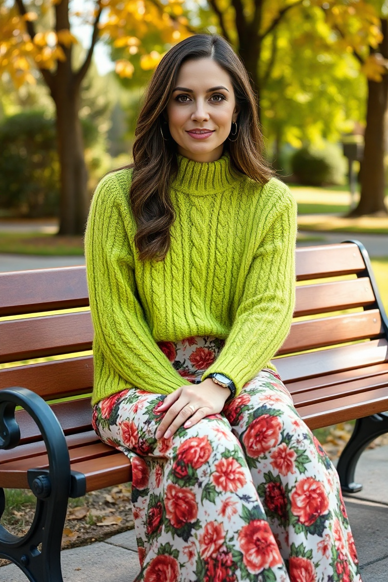 A woman in a bright green cable knit sweater paired with a floral maxi skirt and a delicate watch, sitting on