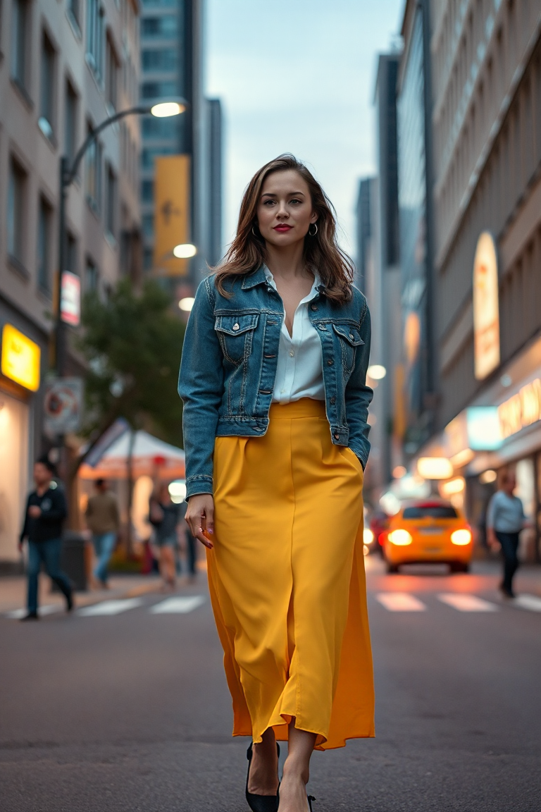 A woman in a cropped denim jacket, styled over a bright yellow midi skirt and a white blouse, walking confiden