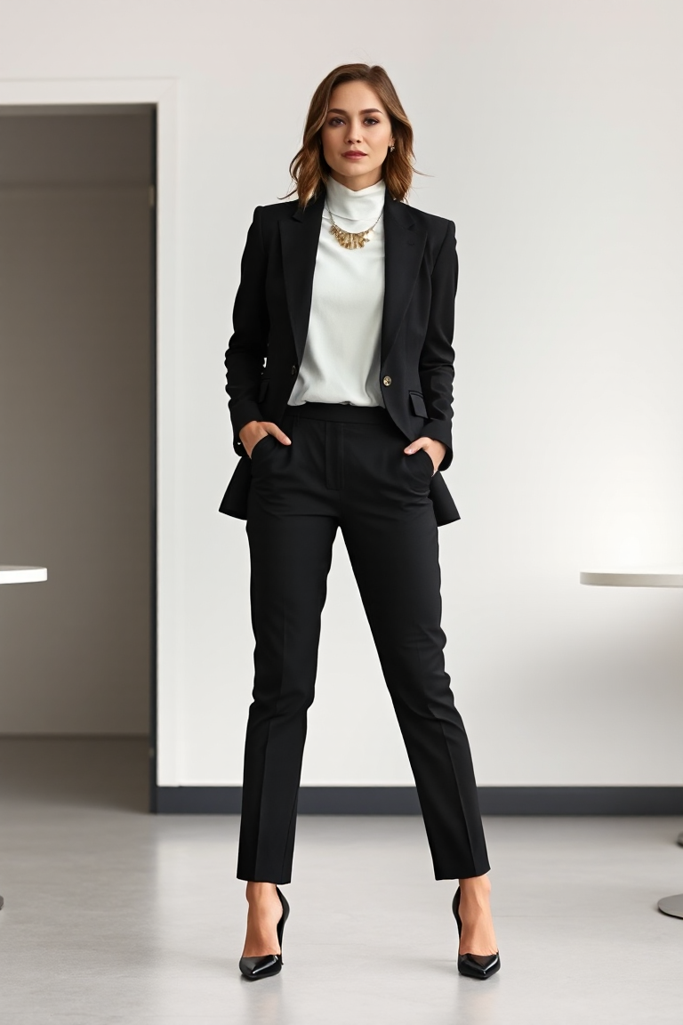A woman in black A-line trousers paired with a black blazer and a white turtleneck, wearing black heels and a