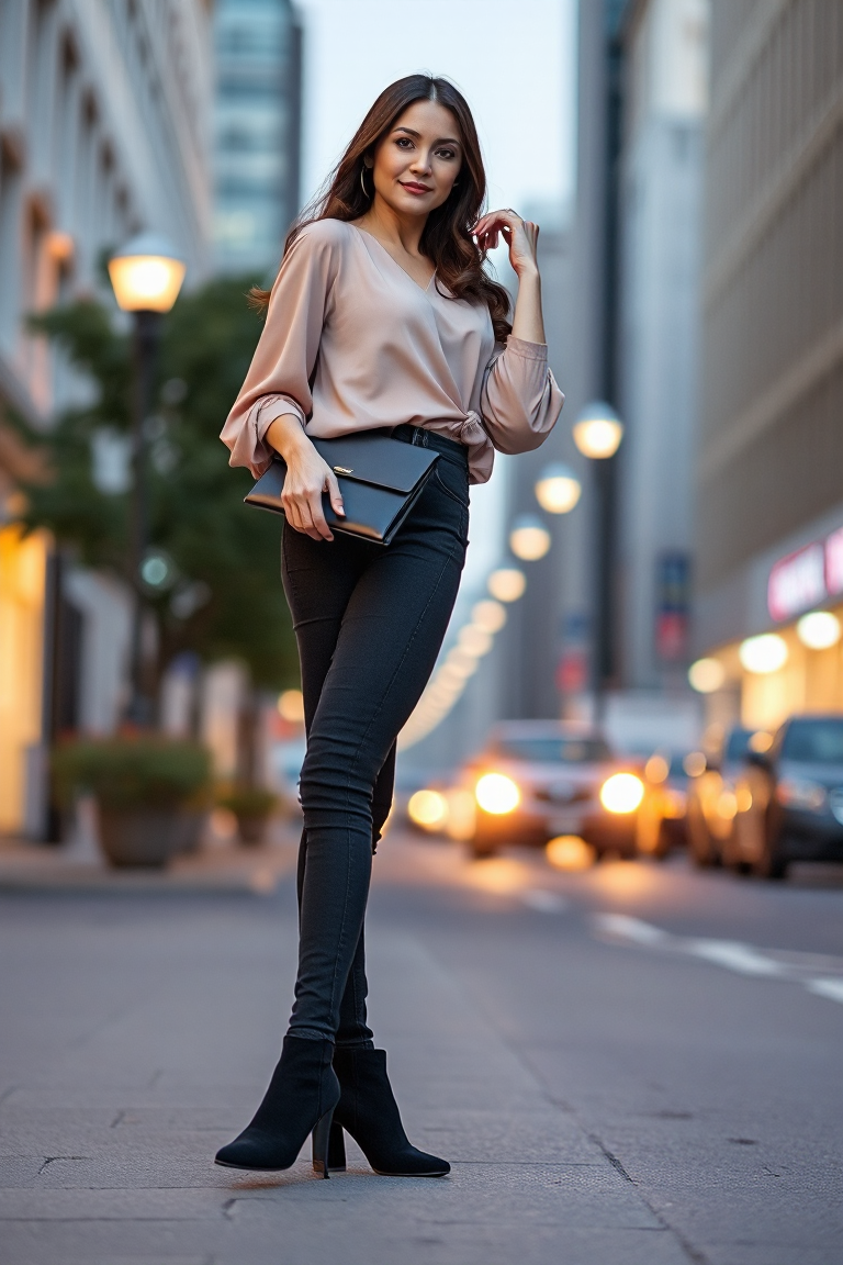 A woman in dark wash skinny jeans paired with a pastel-coloured blouse and ankle boots, holding a small clutch