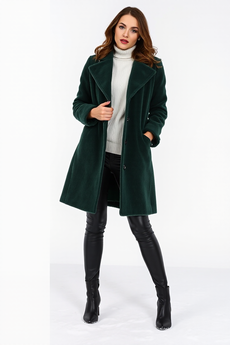 A chic woman posing in a luxurious forest green longline coat paired with a white turtleneck and black leather