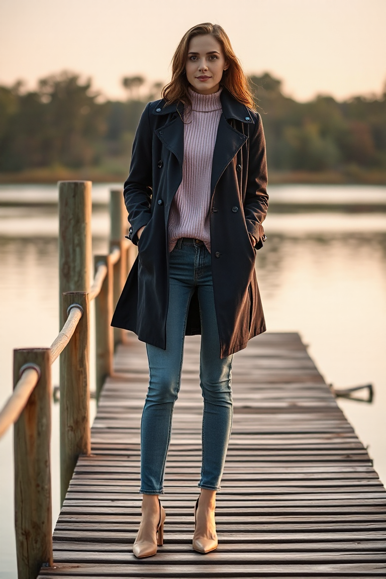 A woman in a navy trench coat layered over a pastel pink sweater and slim-fit jeans, standing on a wooden pier