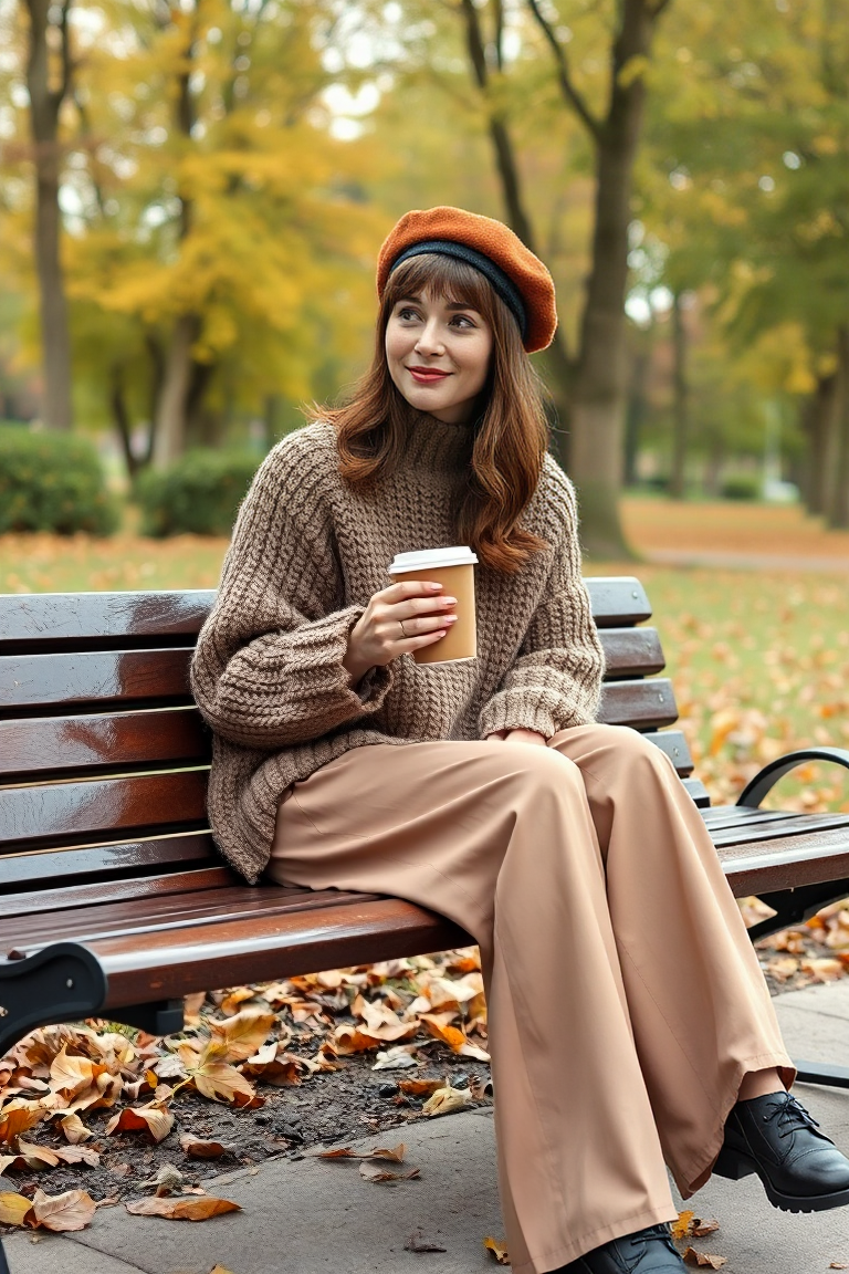 A woman in a chunky knit sweater with wide leg trousers and a beret sits on a park bench with a cup of coffee,