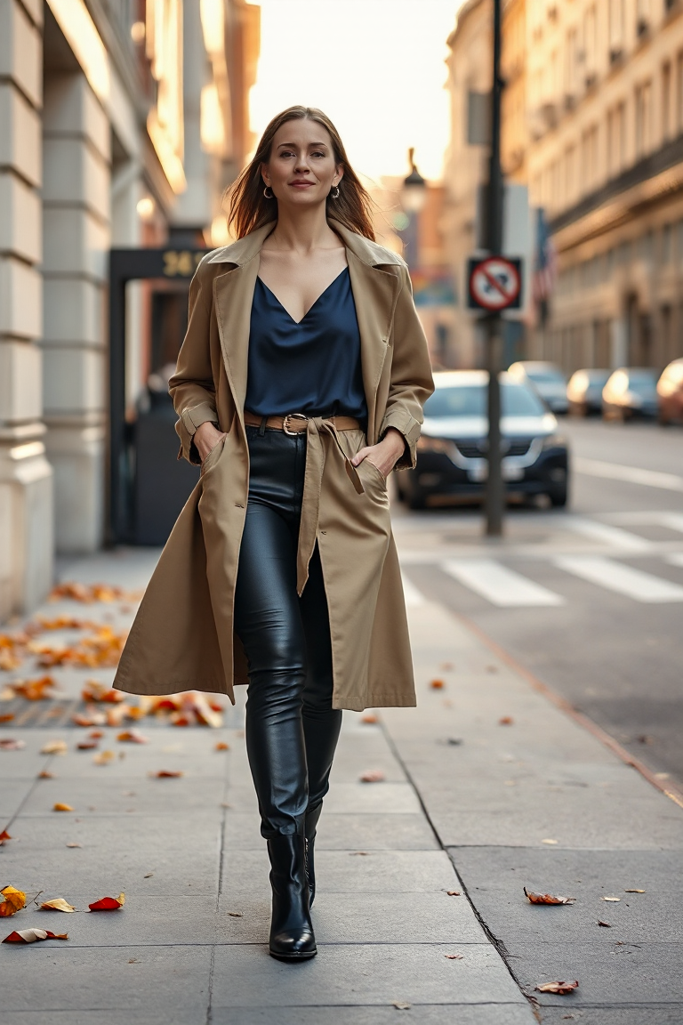 A woman in a navy silk cami, a belted trench coat, black leather pants, and ankle boots, walking down a city s