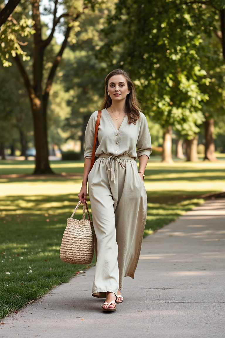 A woman in a longline linen tunic and wide-leg trousers, walking through a leafy park in late afternoon light,