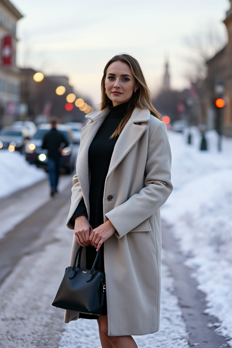 A woman in a long-sleeve black dress with a high neck, layered under a cream cashmere coat, standing on a snow