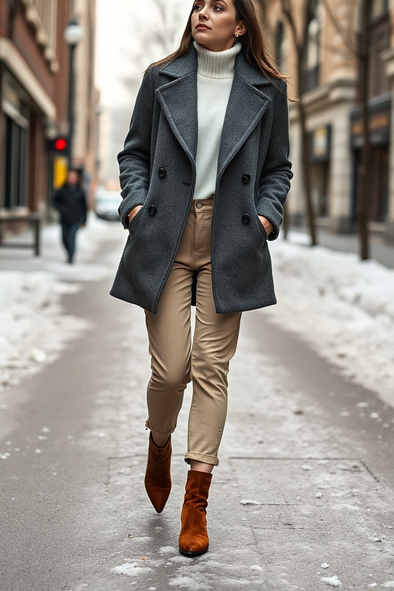 Full-body fashion photo of a woman wearing brown ankle boots with a grey wool coat, beige trousers, and a whit