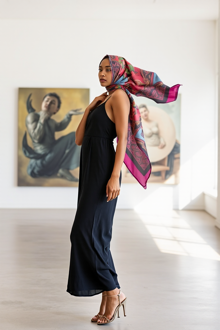 A woman in a vibrant silk scarf wrapped around her head and draped over one shoulder, wearing a black slip dre