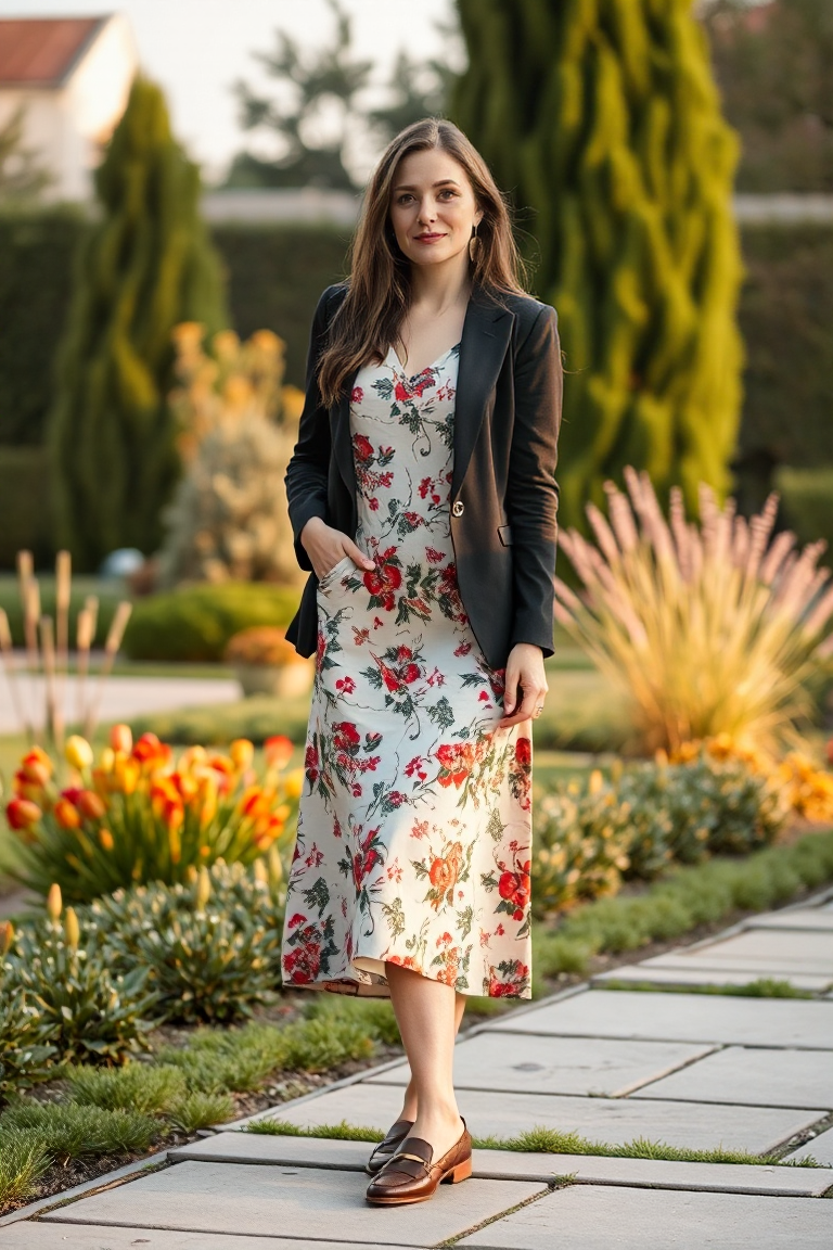 A woman in a floral midi dress, loafers, and a structured blazer, posing outdoors in a garden with soft, ambie
