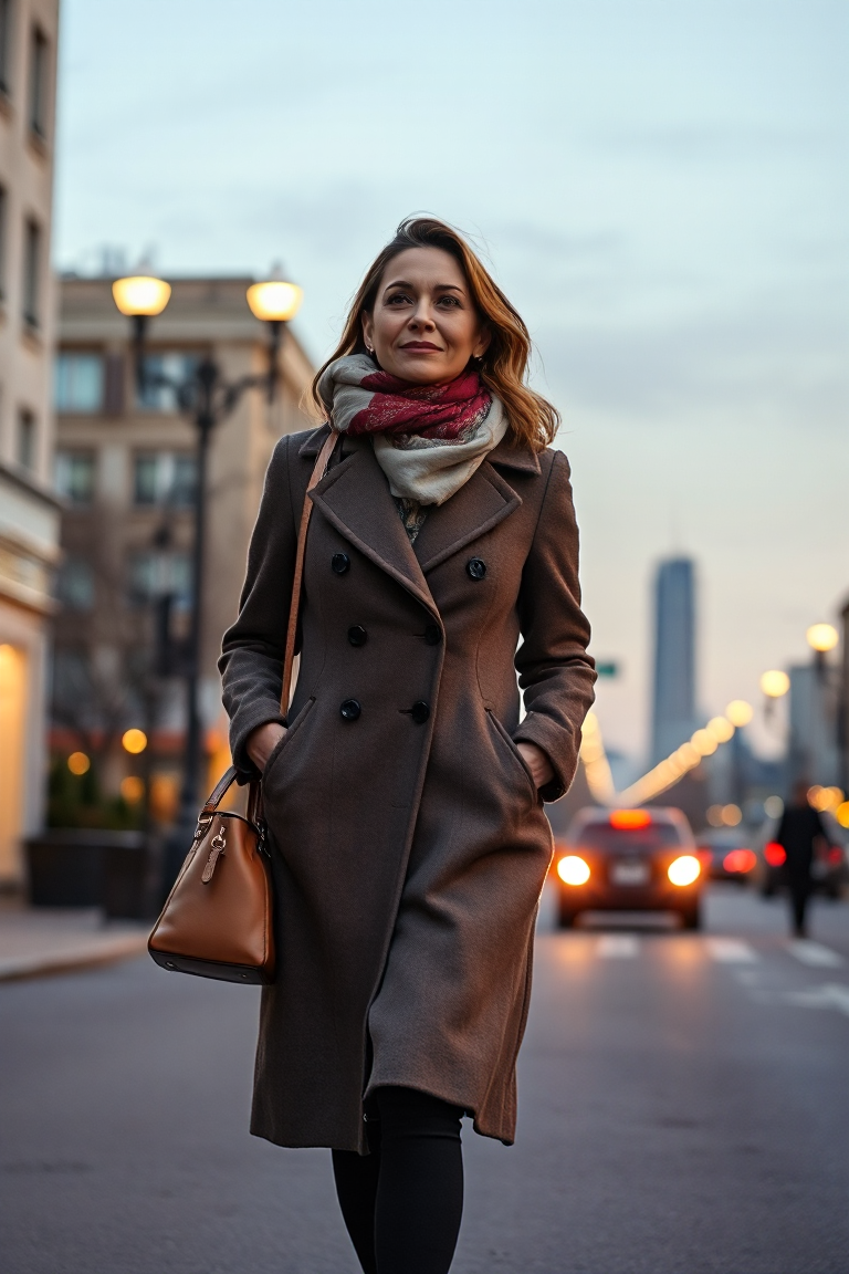 A woman in a well-tailored, fitted wool coat with a silk scarf and a leather handbag, walking confidently down