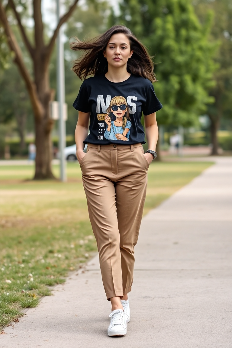 A woman in tailored trousers, a graphic t-shirt, and sneakers, walking casually through a park with her hair f
