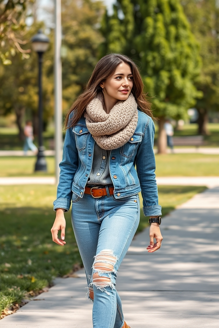 A woman in a casual denim jacket and jeans, accessorised with a leather belt and a chunky knit scarf, walking