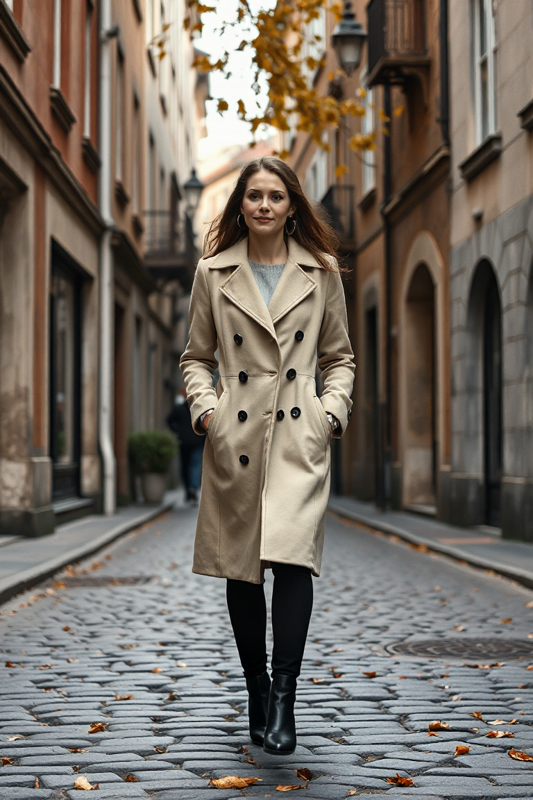 A woman in a beige dressy coat, walking down a cobblestone street in an old city, with the autumn leaves addin