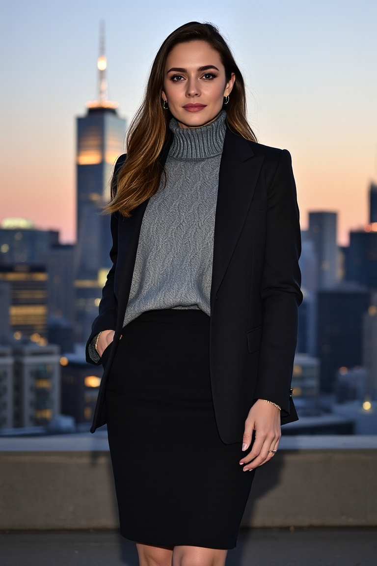 A woman in a grey cable knit sweater paired with a black pencil skirt and a tailored blazer, standing in front