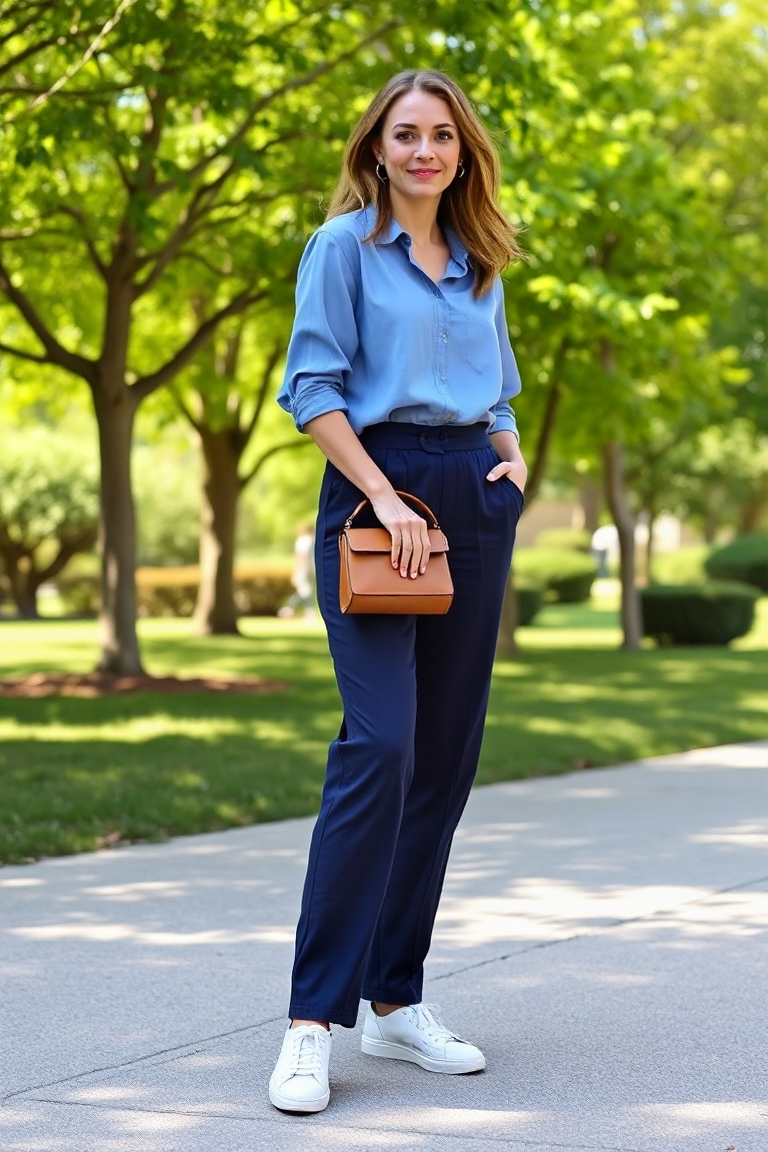 A woman in navy blue A-line trousers paired with a light blue blouse and white sneakers, holding a casual hand