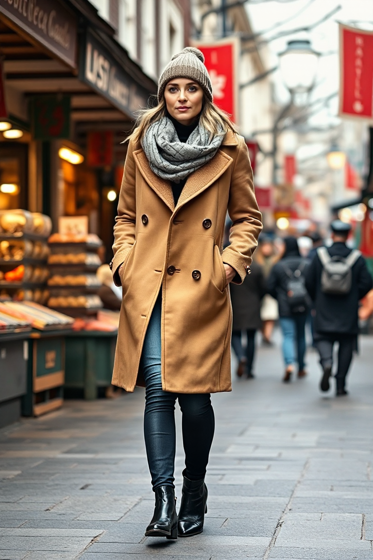 A sophisticated look of a woman in a camel-coloured longline coat, layered over a black turtle neck and slim f