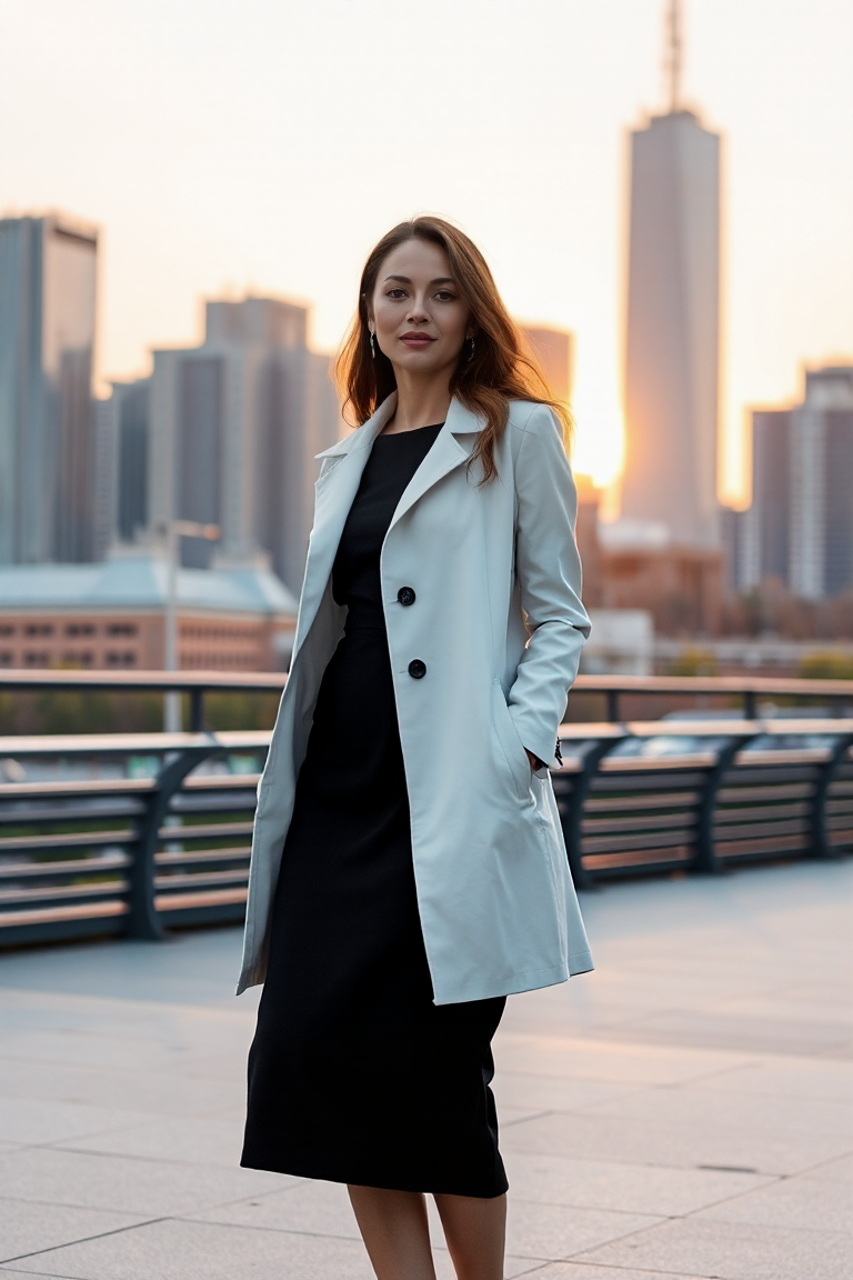 A woman dressed in a white lightweight coat over a black dress with a fitted silhouette, standing in a contemp