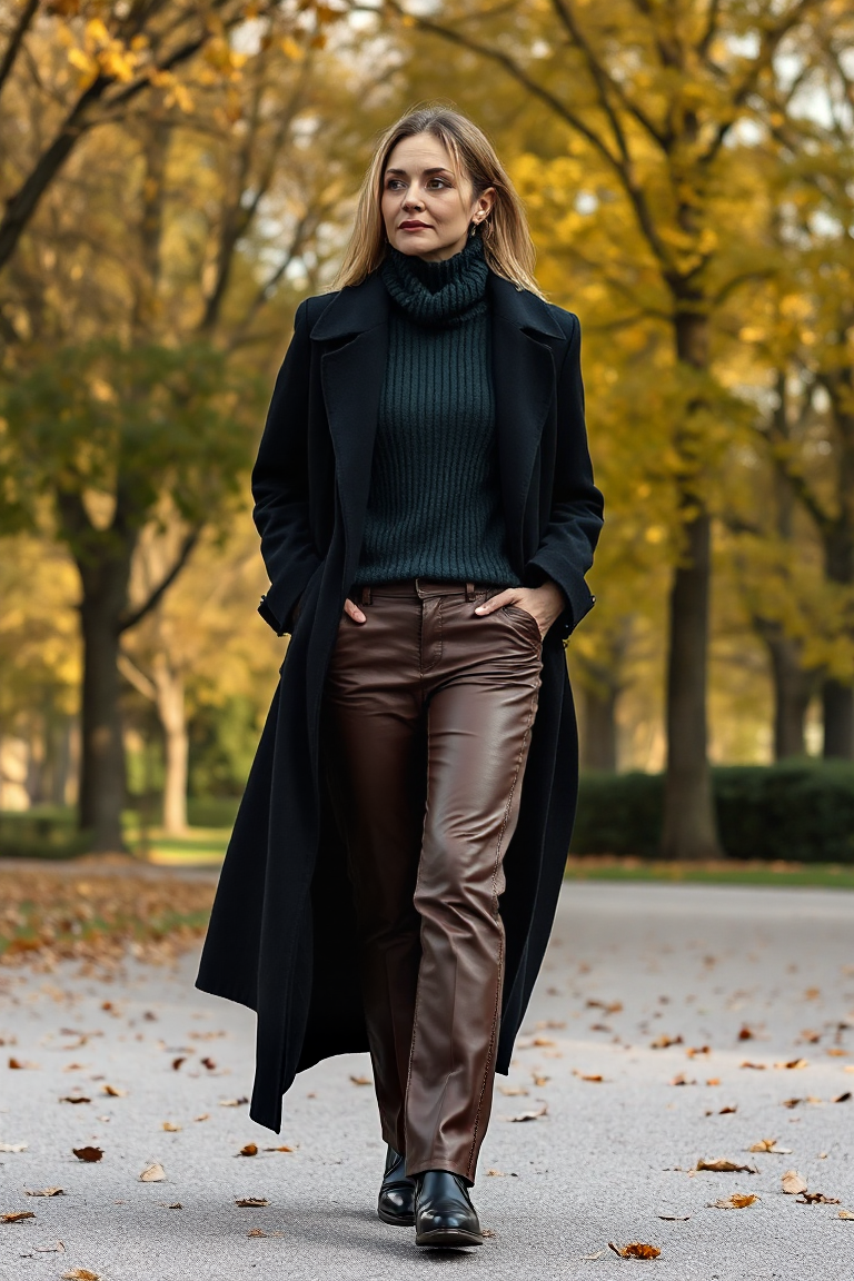 A woman in a straight-leg brown leather trouser, layered with a dark green cashmere sweater and a long black c