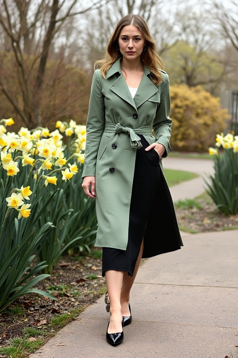 A woman in a sage green trench coat paired with a black midi skirt and pointed-toe flats, walking through a sp