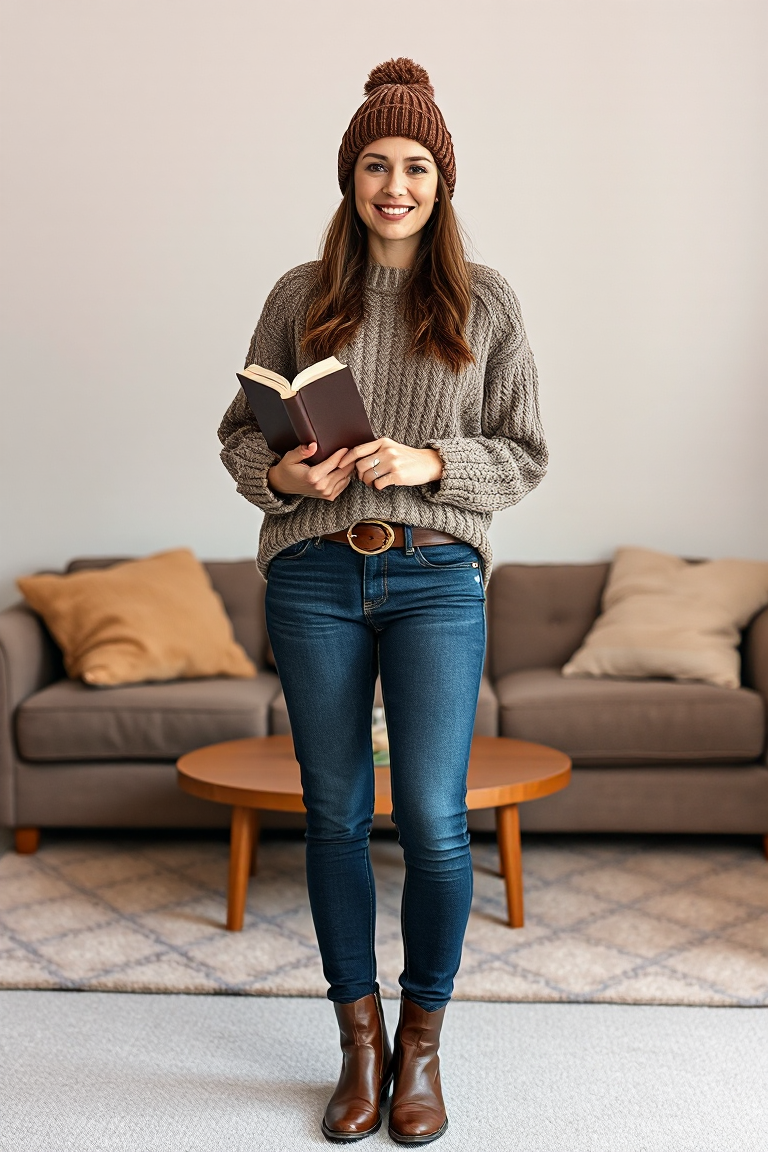 A woman in a chunky knit sweater with high-waisted jeans and a beanie stands in a cozy living room, holding a