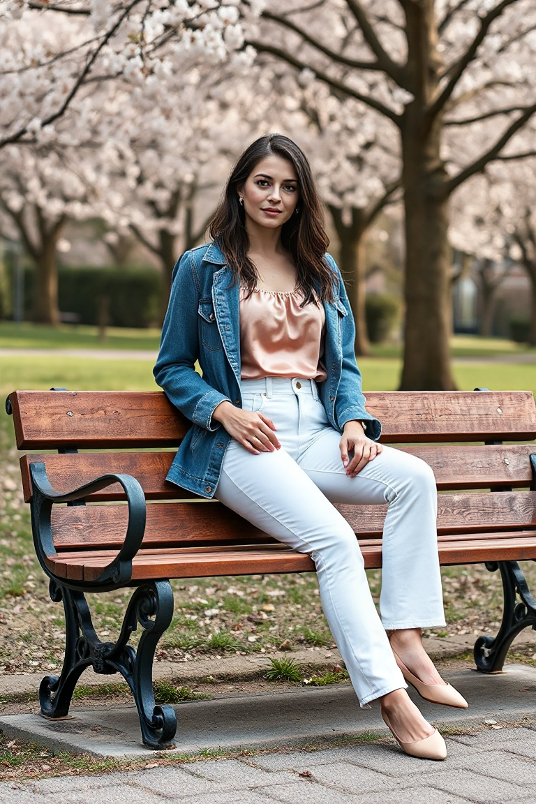 A woman in a blush-pink silk cami, a slim-fit denim jacket, high-waisted white jeans, and ballet flats, sittin