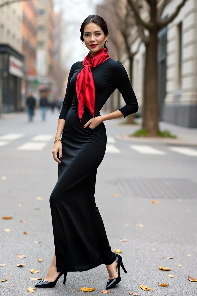 A woman in a form-fitting black dress with a high slit, wearing a red silk scarf tied around her neck, black p