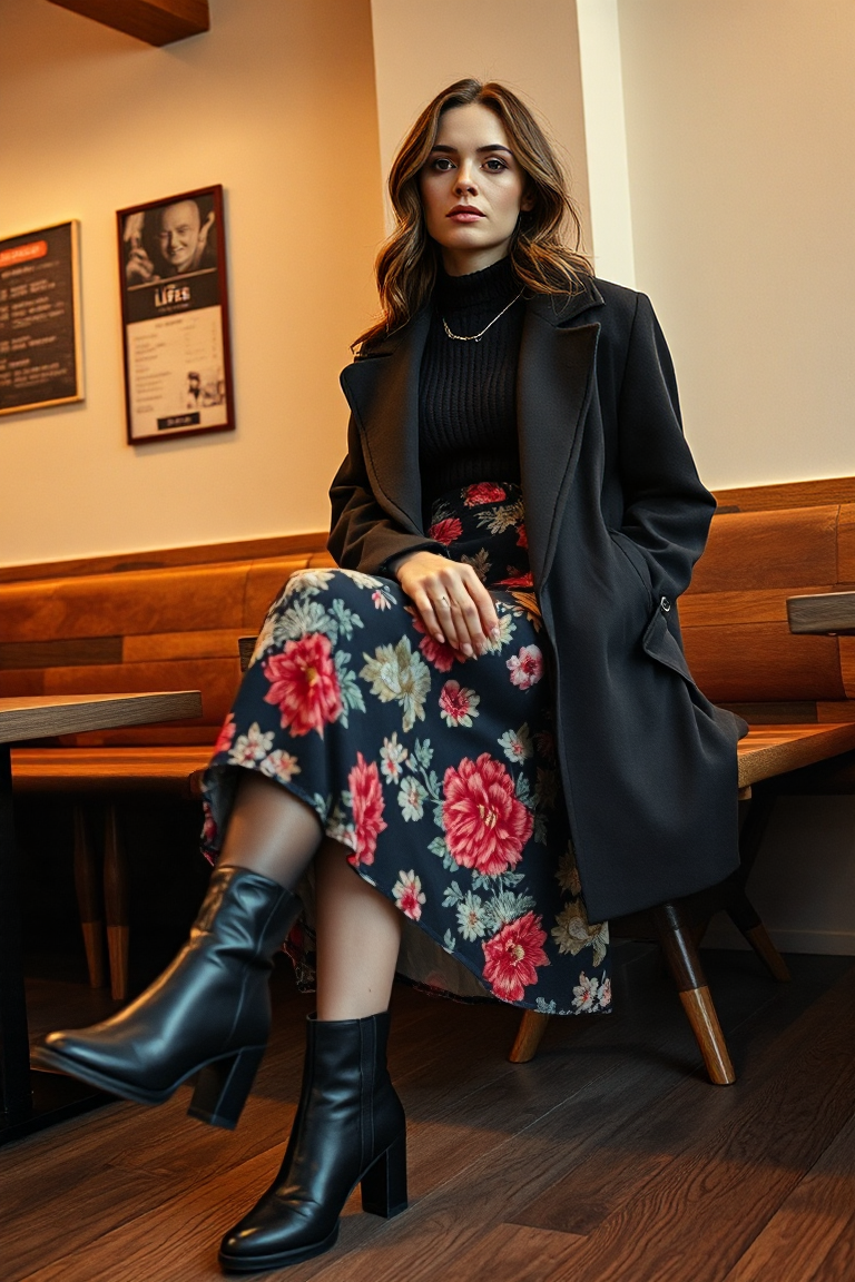 Full-body fashion photo of a woman wearing black ankle boots with a floral midi skirt, a cropped black sweater