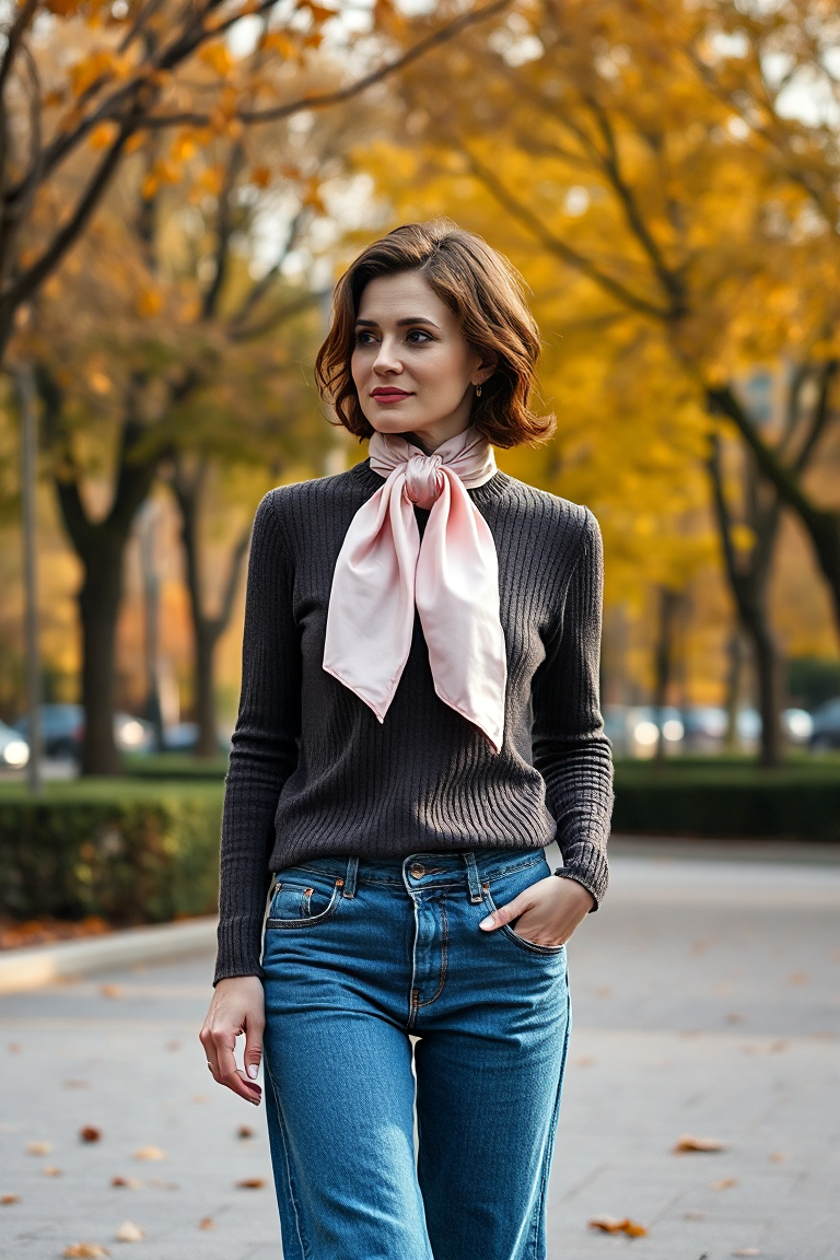 A woman in a pale pink silk scarf tied as a neck bow, wearing a vintage-style turtleneck sweater and wide-leg 