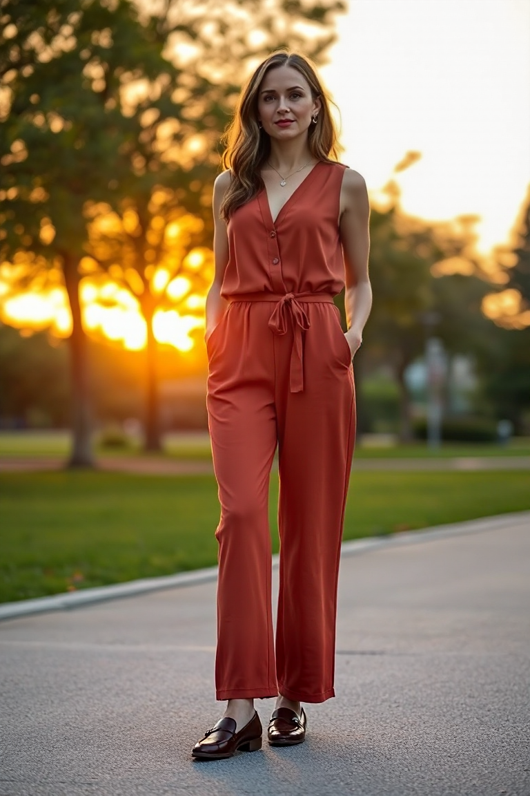 A woman in a wide-leg jumpsuit and loafers, standing in a park with a vibrant sunset in the background, the li