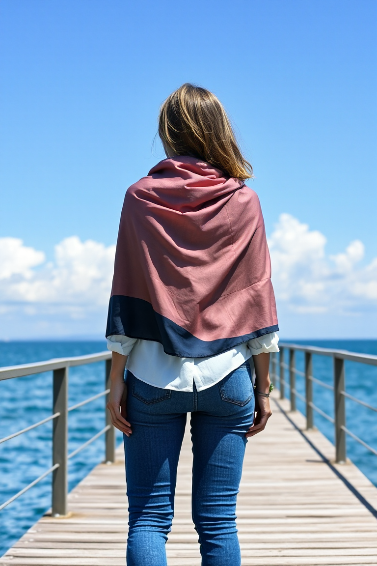 A woman with a draped silk scarf as a capelet over a blouse and jeans, standing on a pier overlooking the sea,