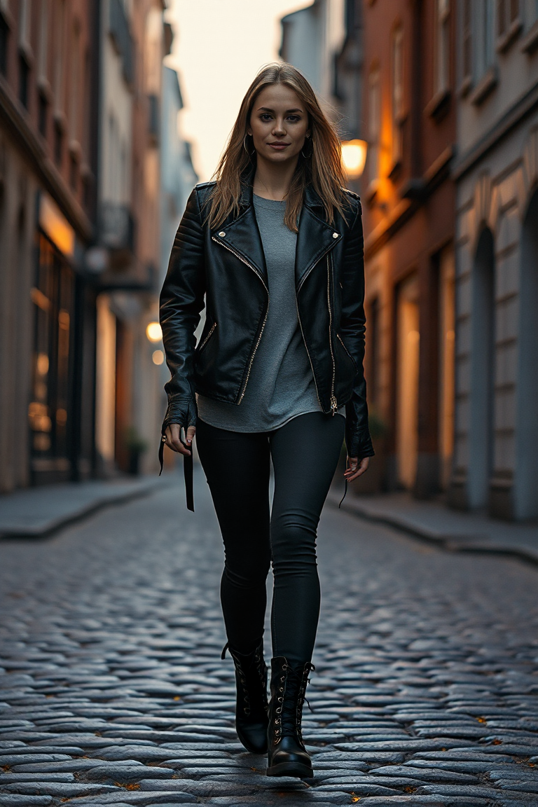 A woman in a black leather jacket and combat boots, walking confidently down a cobblestone street at dusk, wit