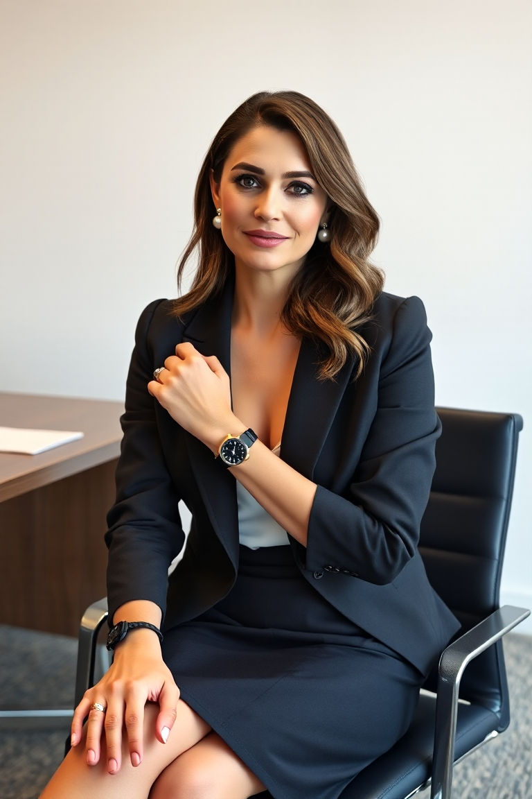 A woman in a chic blazer and skirt, accessorised with a delicate watch and a pair of pearl stud earrings, sitt