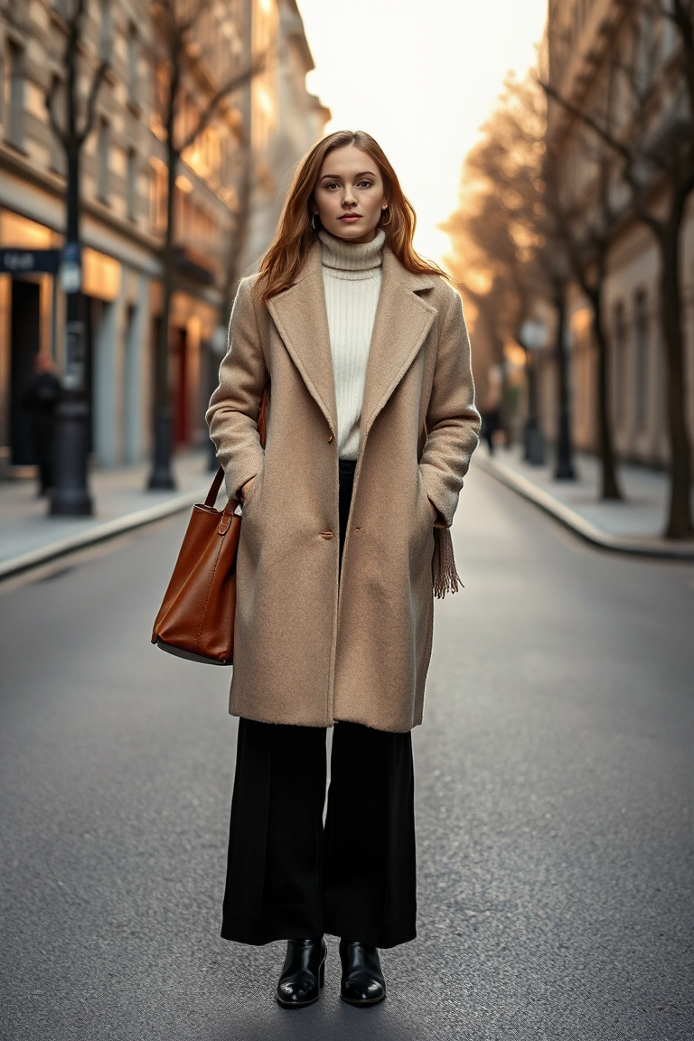 A woman in a beige wool coat, cream turtleneck, black wide-leg trousers, and black ankle boots stands on a qui