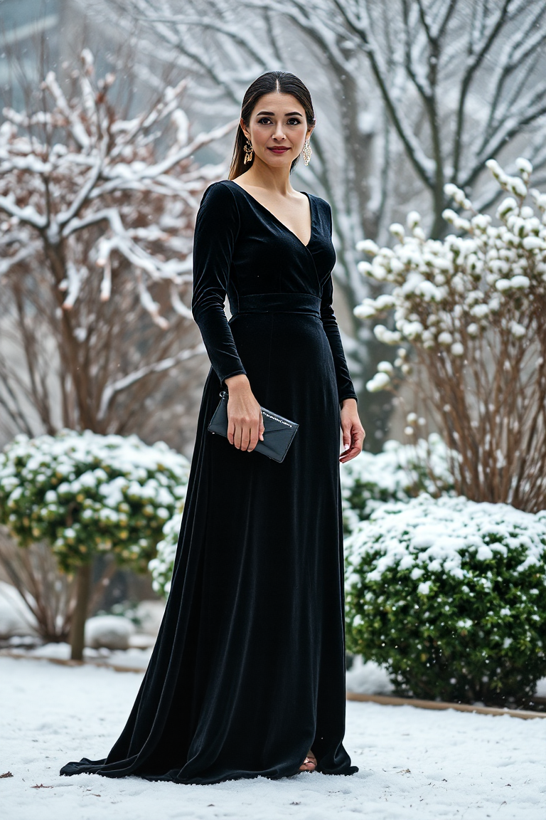 A woman in a long black velvet dress, standing in a softly lit winter garden with snow falling, wearing gold e