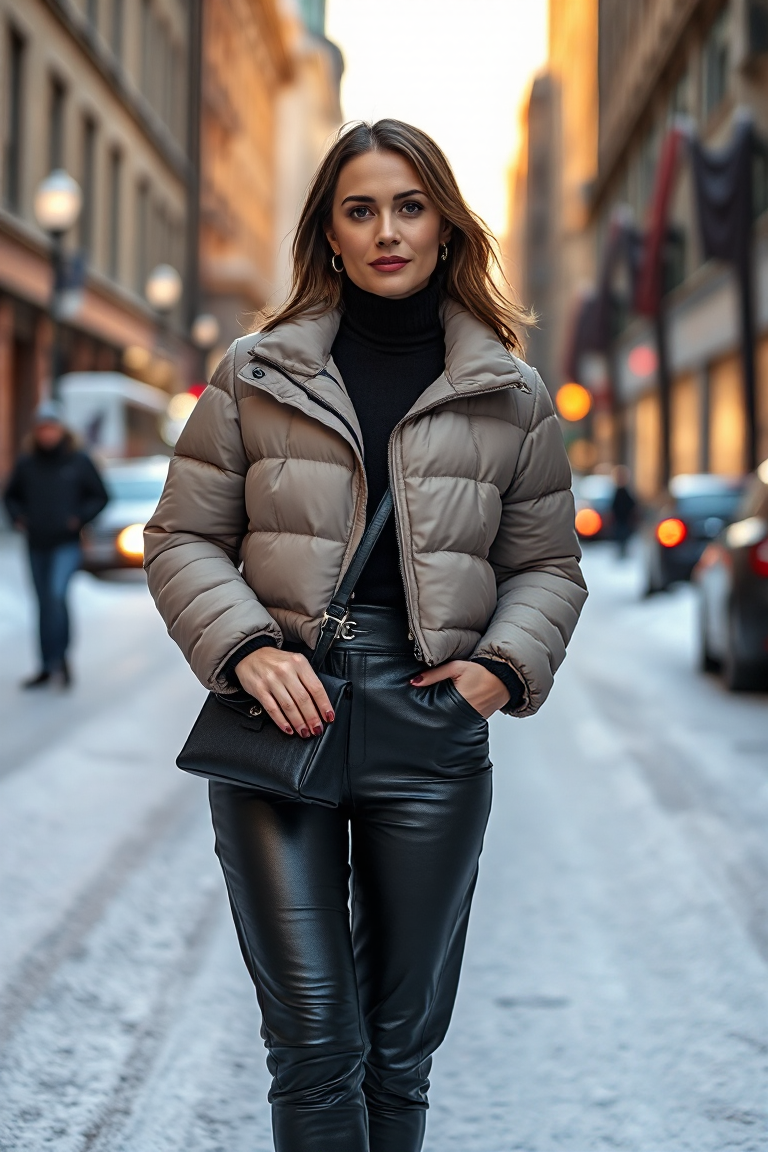 A woman in a cropped taupe puffer jacket, black turtleneck, and high-waisted black leather pants, standing on 