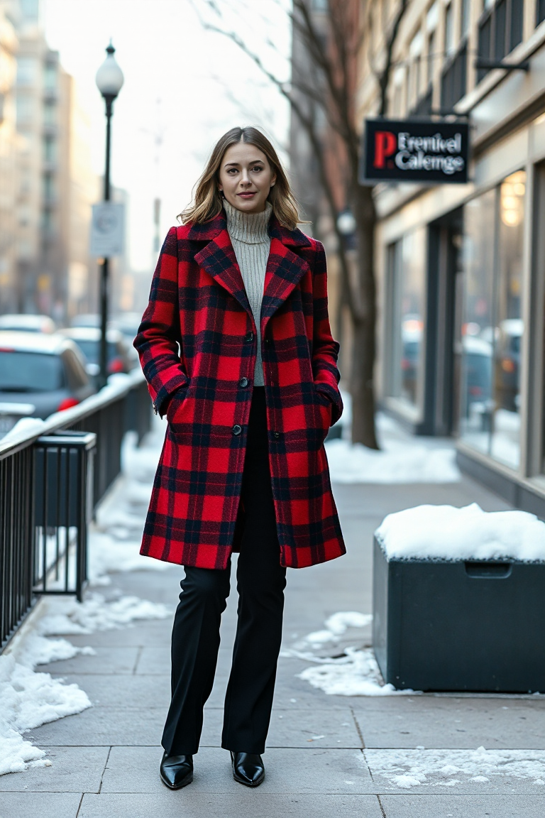 A woman wearing a classic red and black tartan coat over a cream turtleneck and black tailored trousers, stand