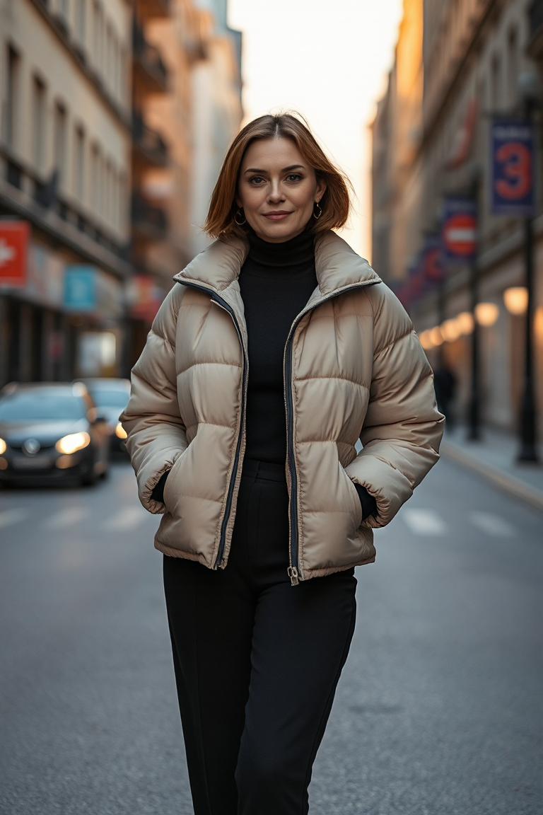 A woman in a cropped beige puffer jacket, black turtleneck, and high-waisted black trousers standing on a city