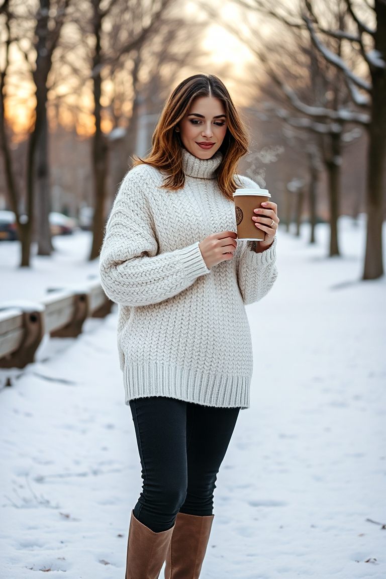 A woman in a cream chunky knit sweater, high-waisted black jeans, and brown ankle boots stands in a snowy park