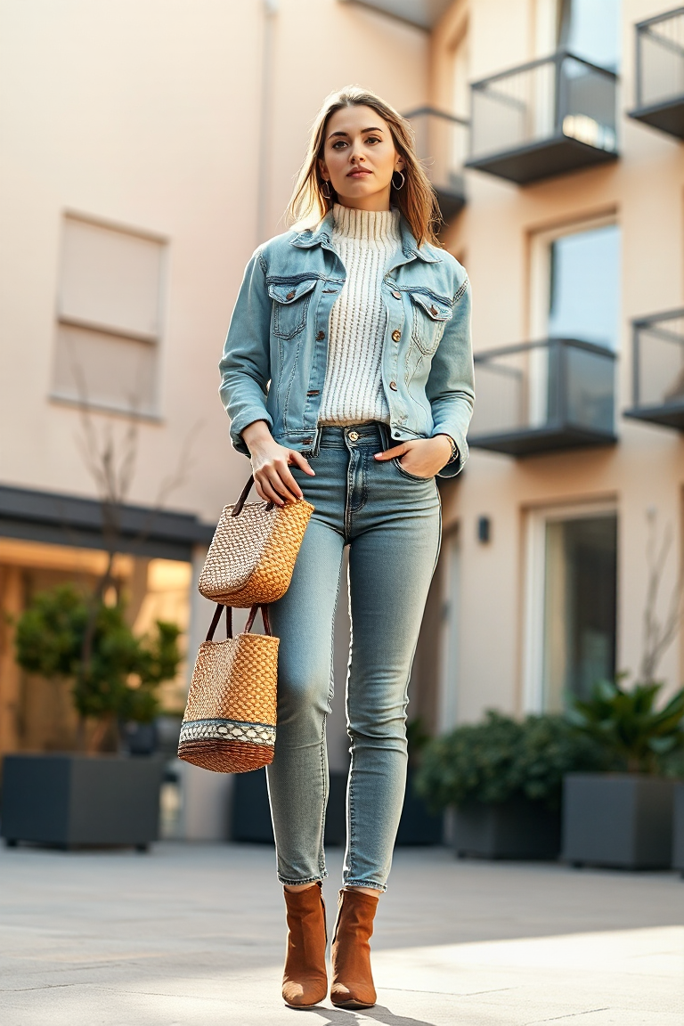 A woman standing in a sunlit urban courtyard wearing a light-wash denim jacket over a cream ribbed knit sweate