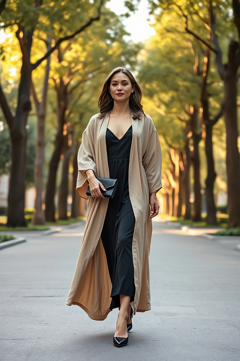 A woman in a flowing oatmeal-coloured kaftan coat over a black slip dress, walking through a sunlit urban park