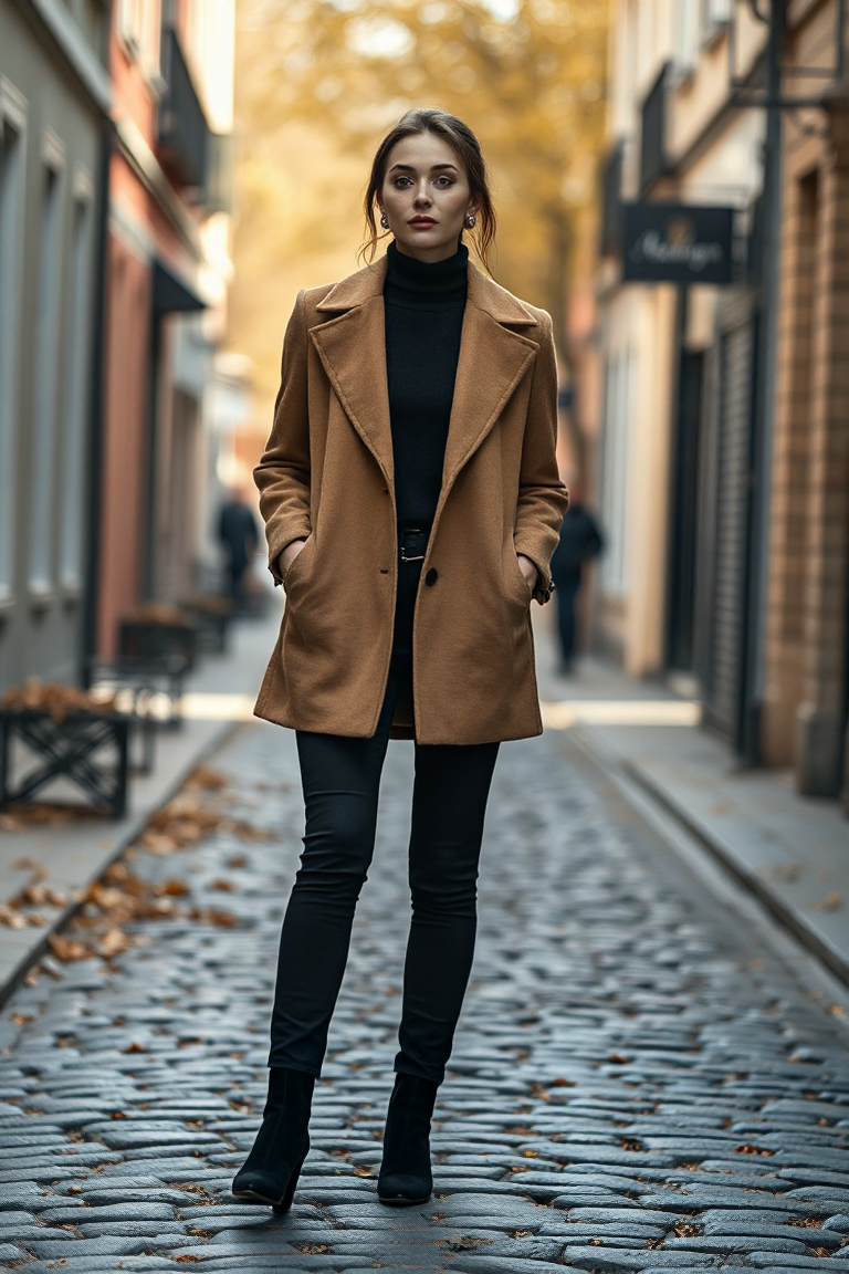A woman in a camel wool coat, black turtleneck, slim black trousers, and ankle boots, walking down a cobblesto